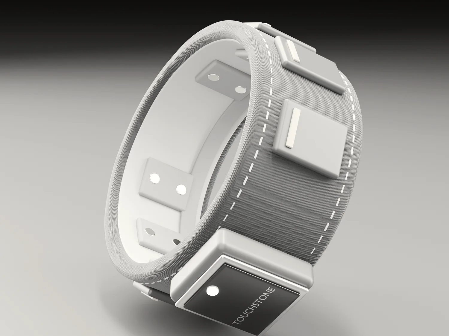 Forearm capture band: a fabric band carrying two rings of sensing modules and a small controller.